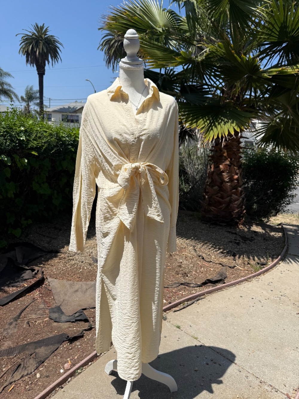 H&M Cream Tie Front Button Up Maxi Dress | Oversized Linen Feel Shirt Dress | S